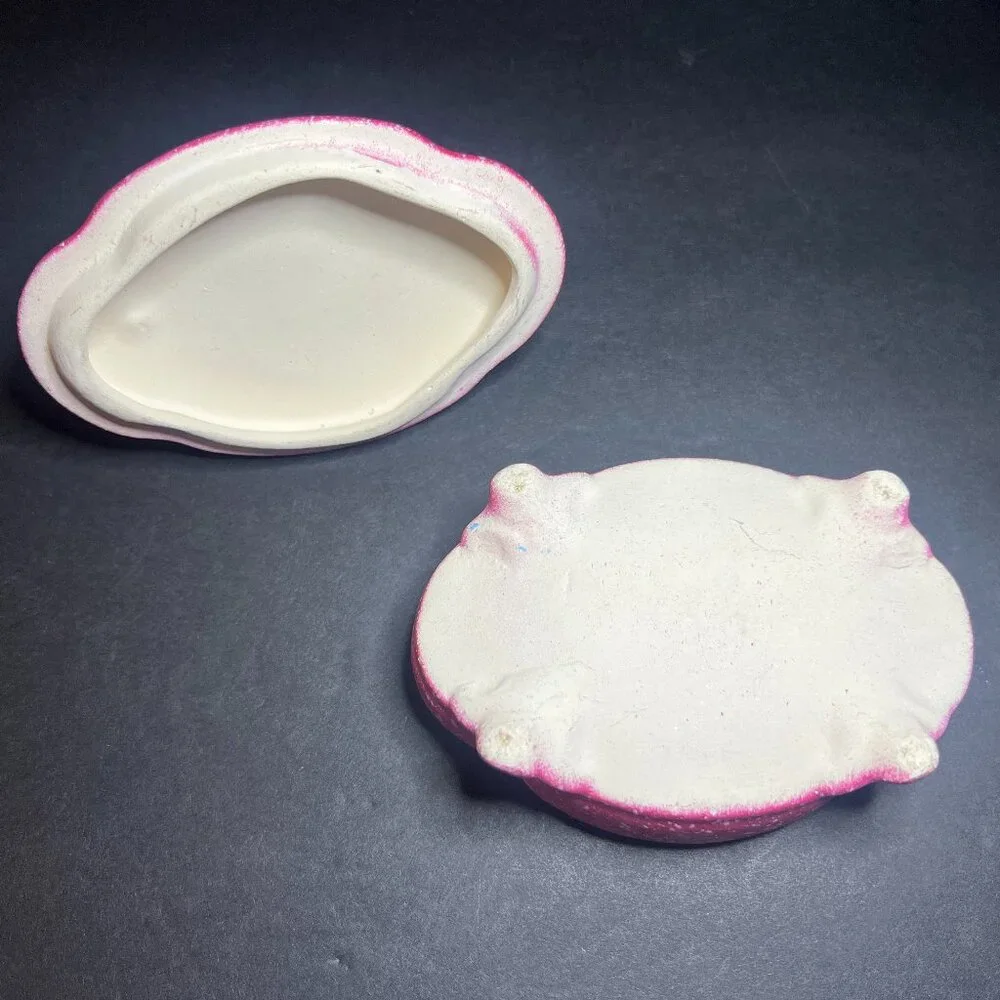 Vintage Unique OOAK Red Art Pottery Ceramic Doll Head Oval Trinket Jewelry Box